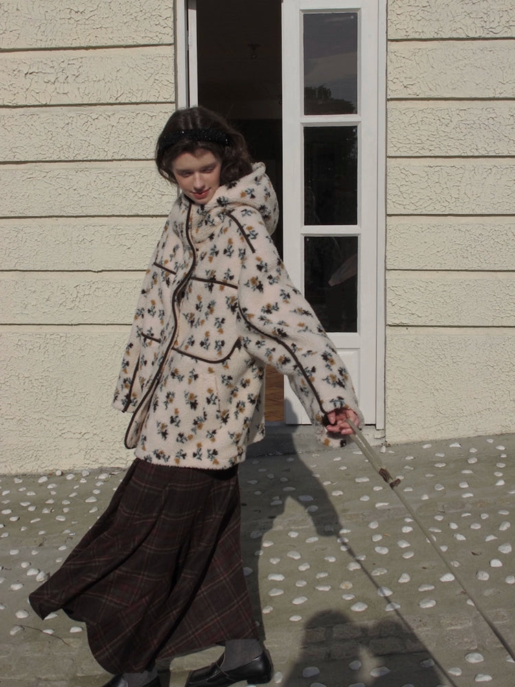 Floral Print Sherpa Jacket with Hood and Contrast Piping