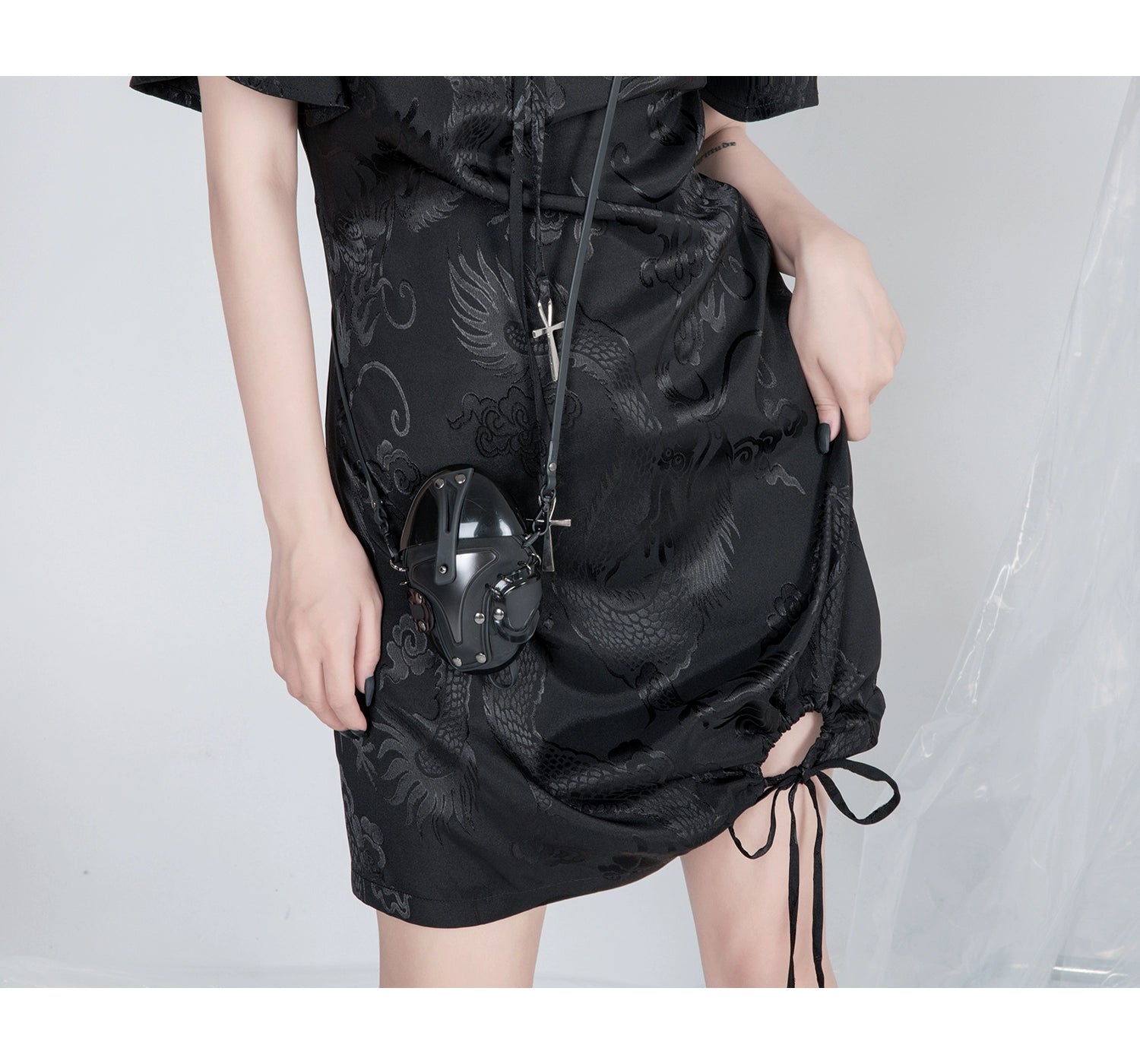 Yubaby Gothic Cheongsam Mini Dress - Black Satin With Dragon Print, Cross Charms, And Asymmetric Hem