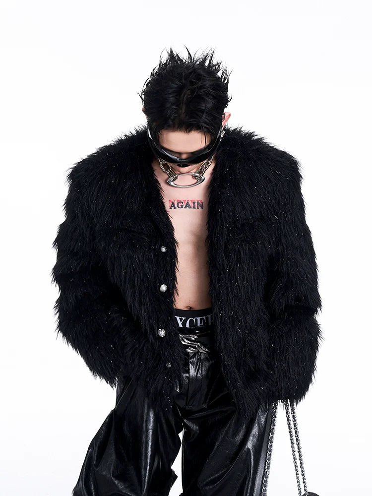 Shaggy Faux Fur Coat with Crystal Button Details