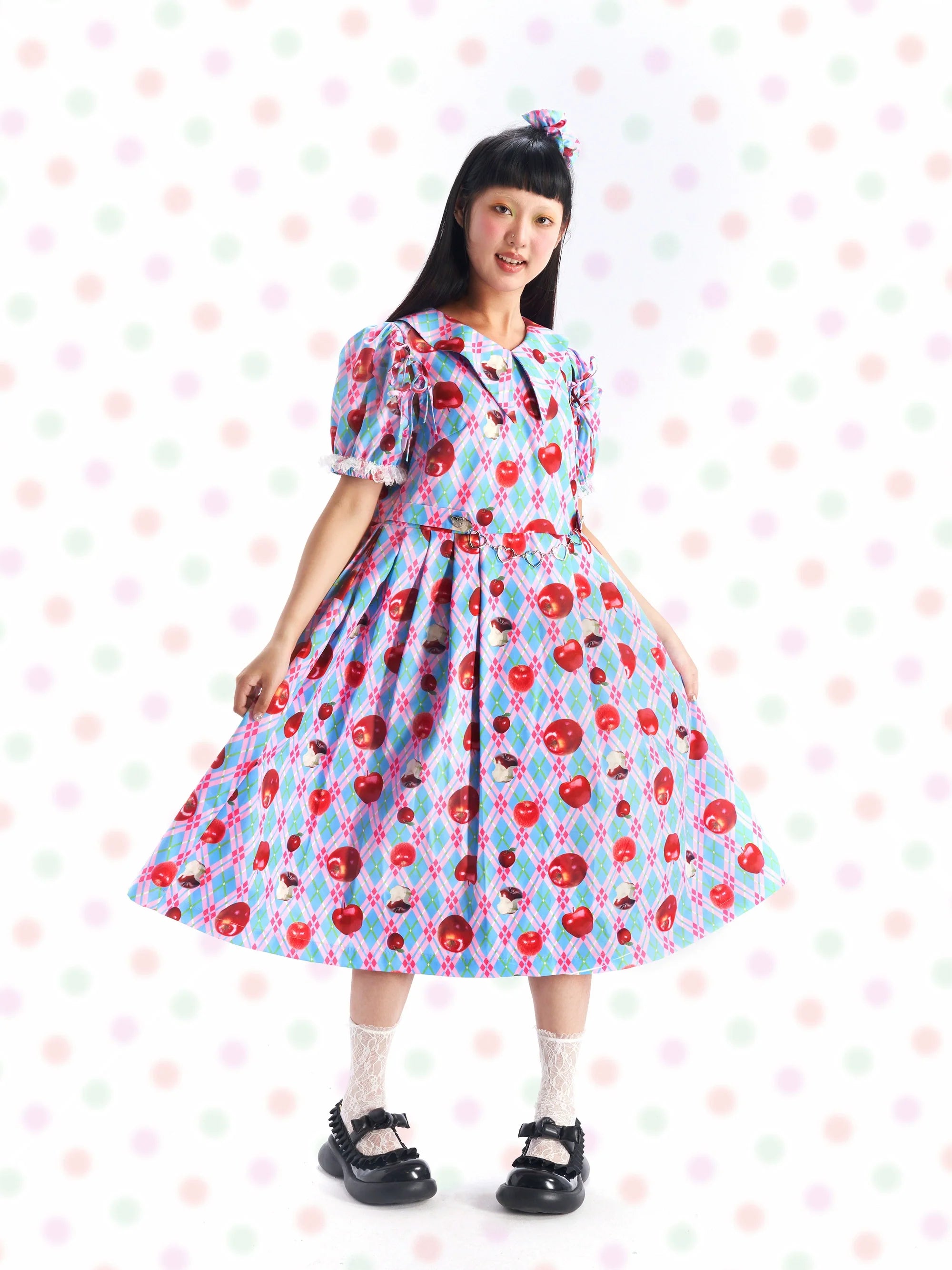 Blue and Pink Apple Print Collar Dress