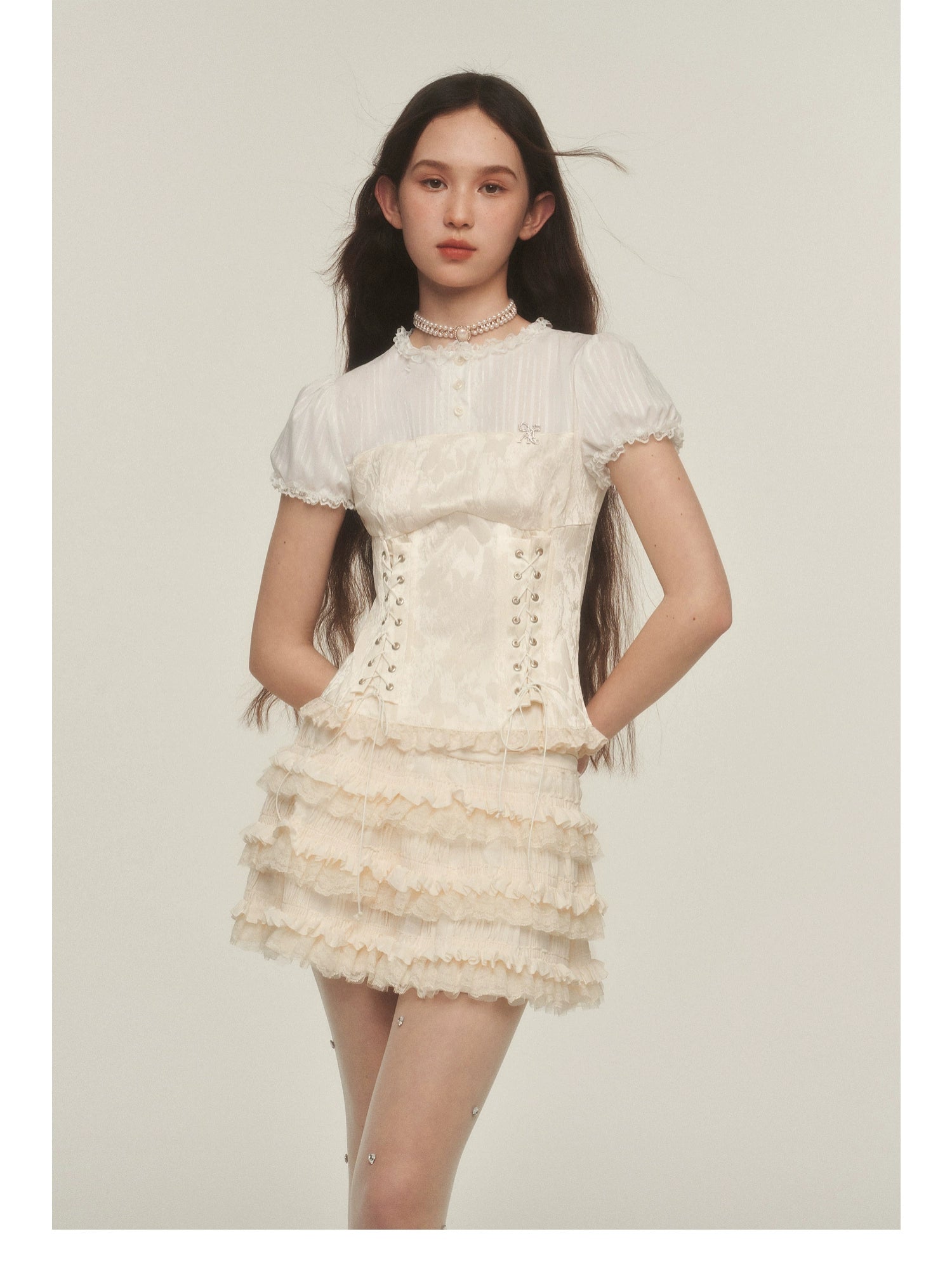 Victorian Style Corset Blouse with Puff Sleeves and Lace Trim