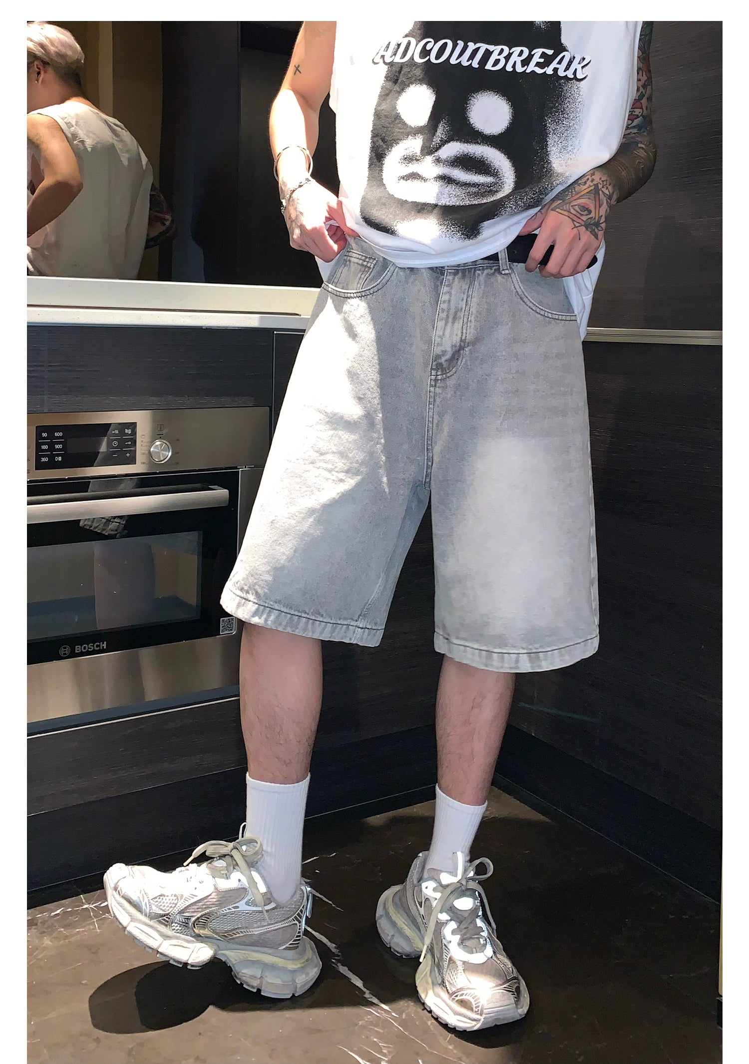 Faded Denim Shorts with Distressed Wash