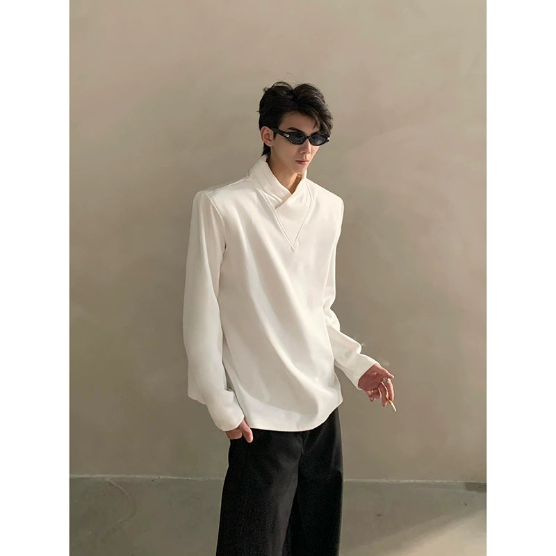 Minimalist Short Sleeve Shirt with Overlapping High Collar