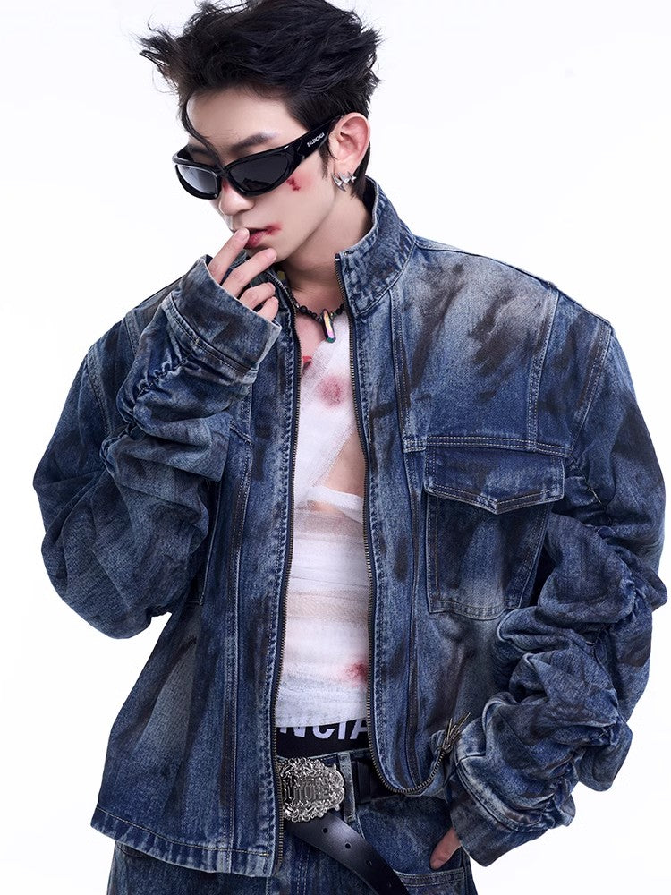 Washed Denim Stand Neck Jacket and Jeans Setup