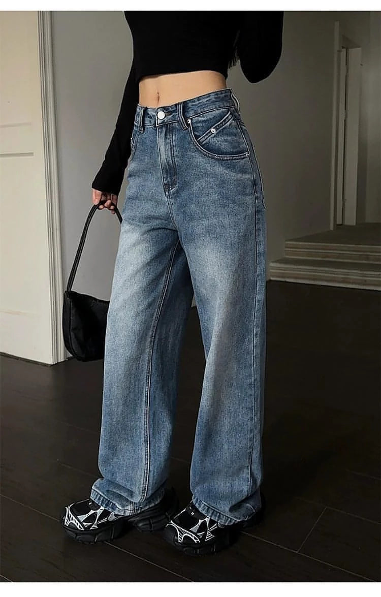 Summer Collection - Blue High-Waist Loose Wide-Leg Denim Jeans - chiclara