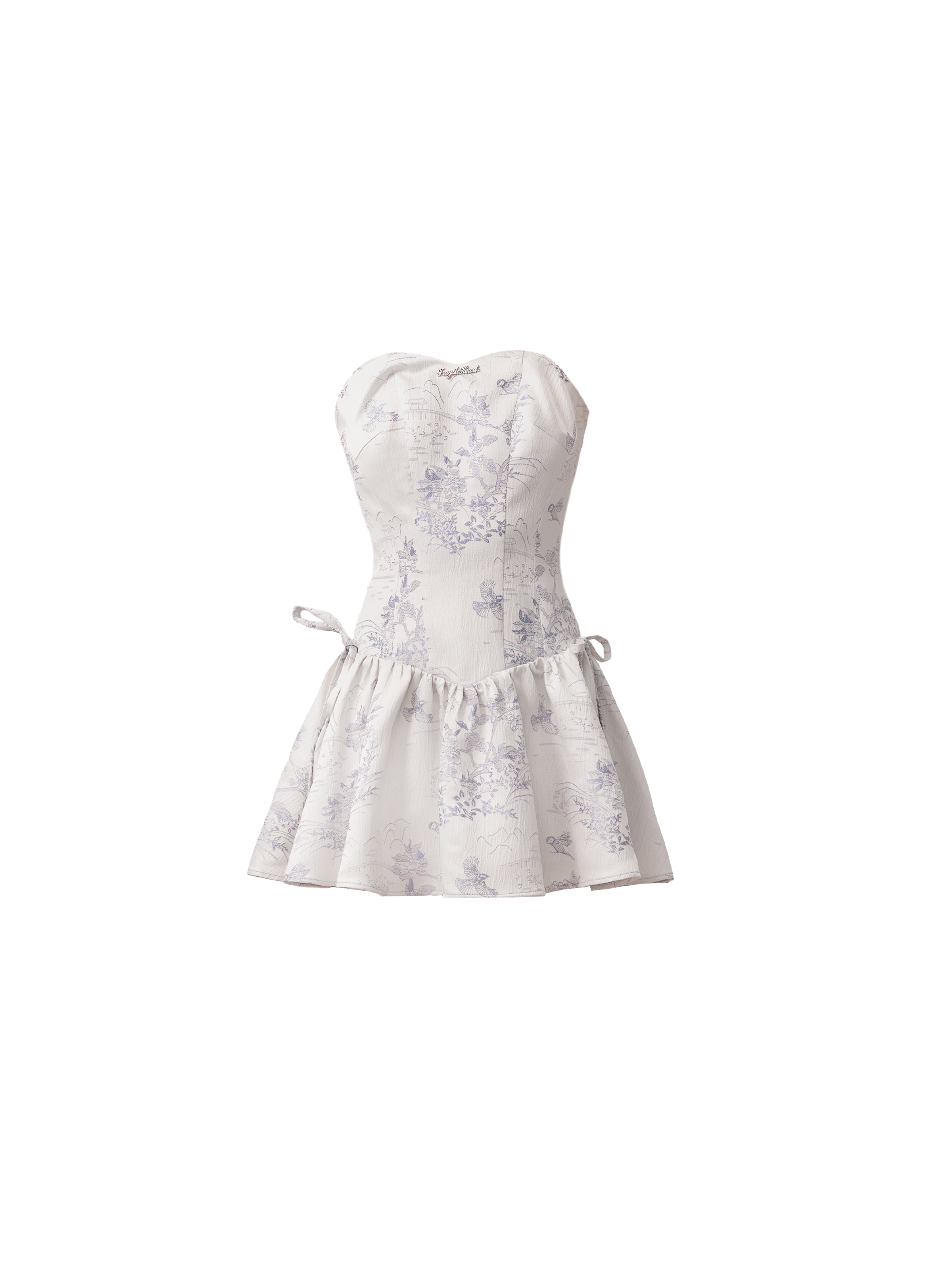 Enchanted Garden Strapless Mini Dress: Ivory Floral Jacquard with Side Bow Details