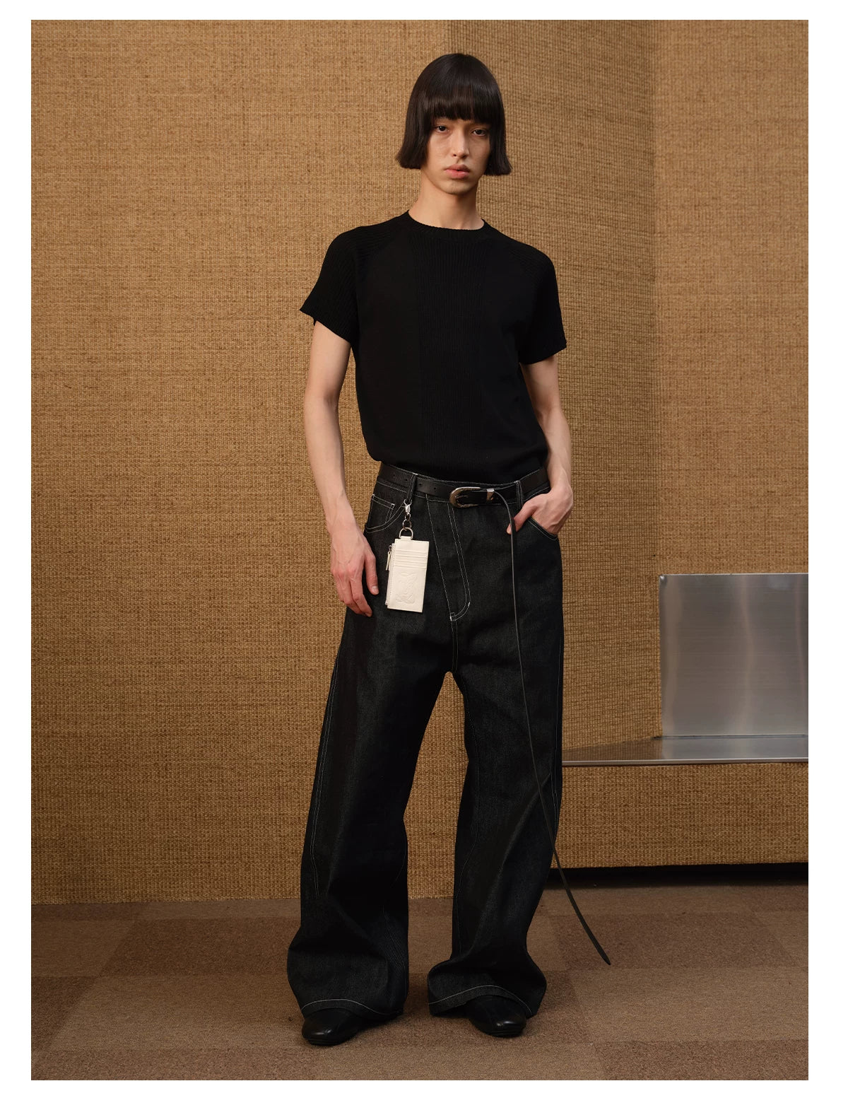 Black Contrast-Stitch Balloon Denim Trousers
