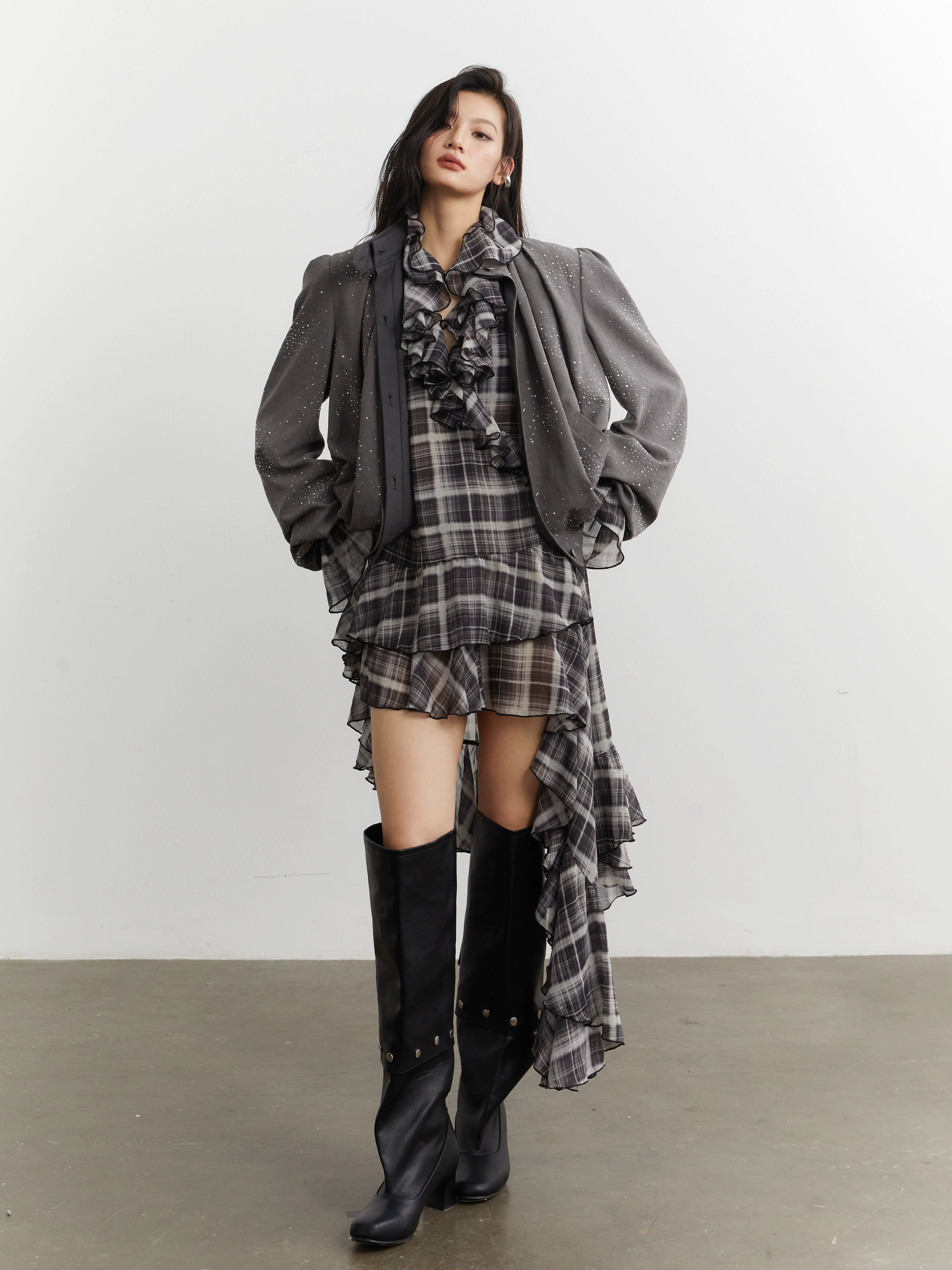 Shadow Cascade Ruffle Plaid Dress