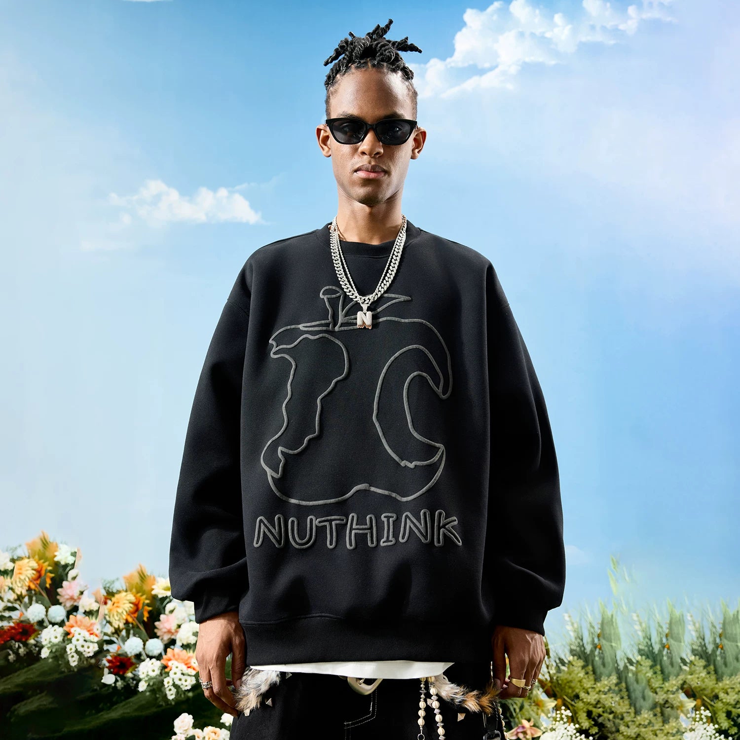 Abstract Outline Embroidered Oversized Crewneck Sweatshirt