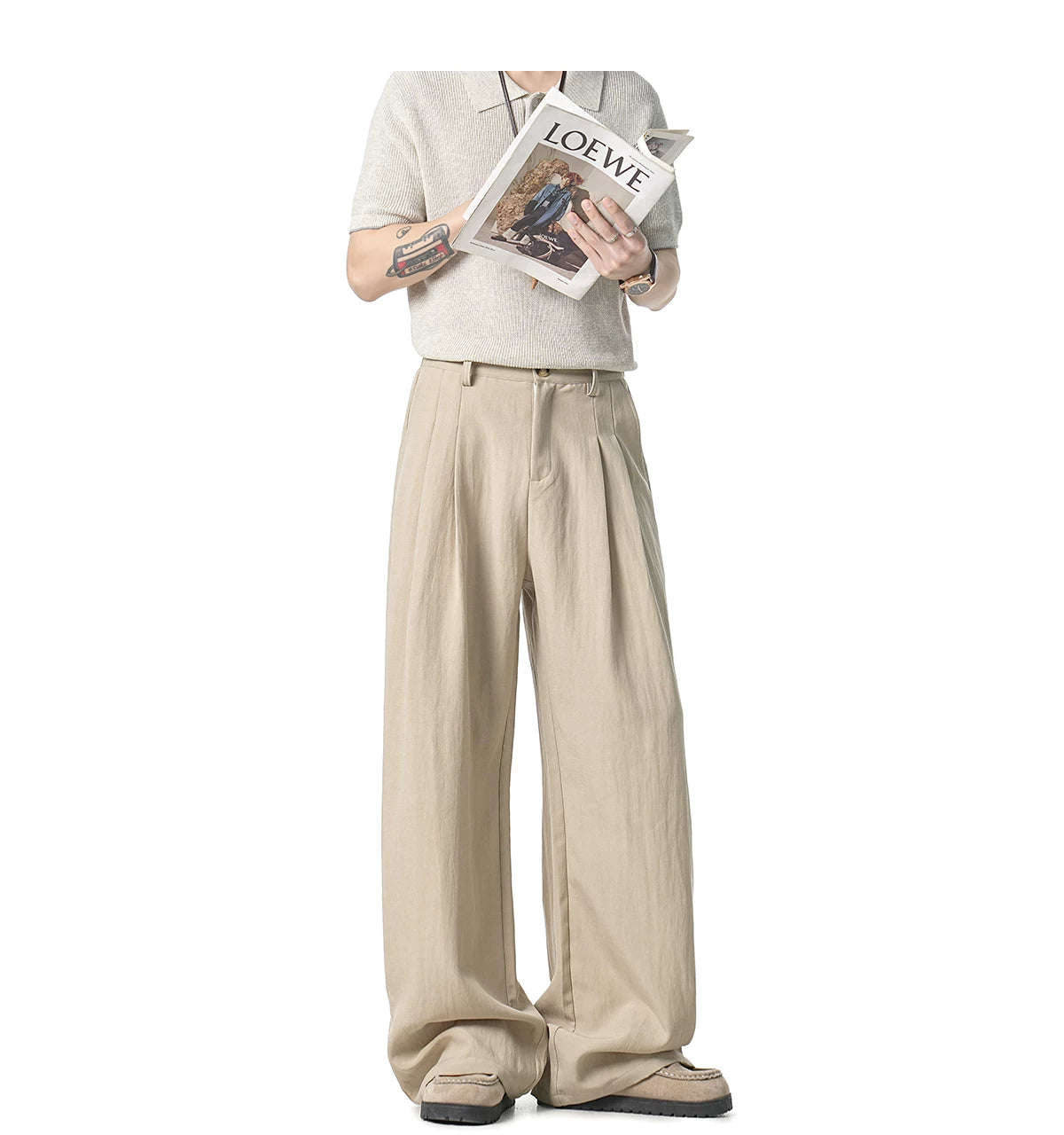 Latte Pleat Relaxed Wide-Leg Trousers