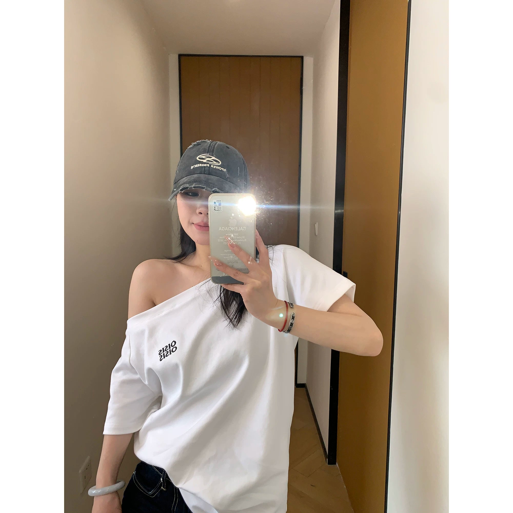 Ash Off-Shoulder Logo Tee