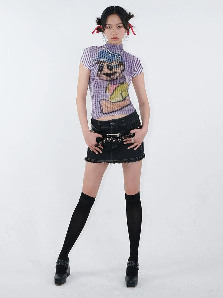 Cartoon Dog Print Ribbed Crop Top