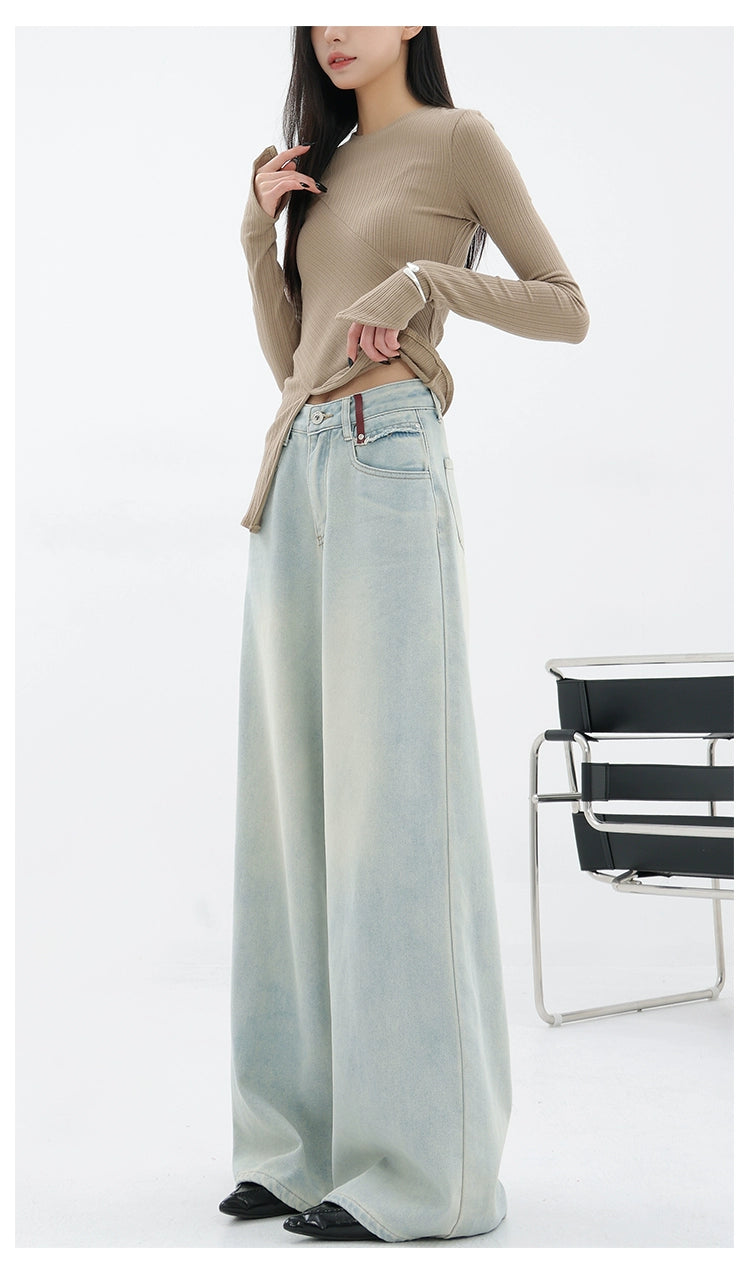 Light Blue Loose Straight Wide-Leg Denim Pants With Embroidery Design - chiclara