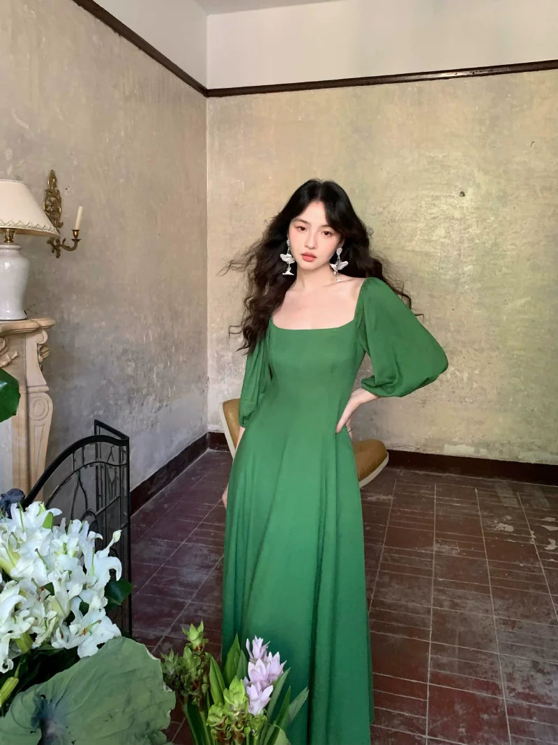 Puff Sleeve Square Neck Swing Dress