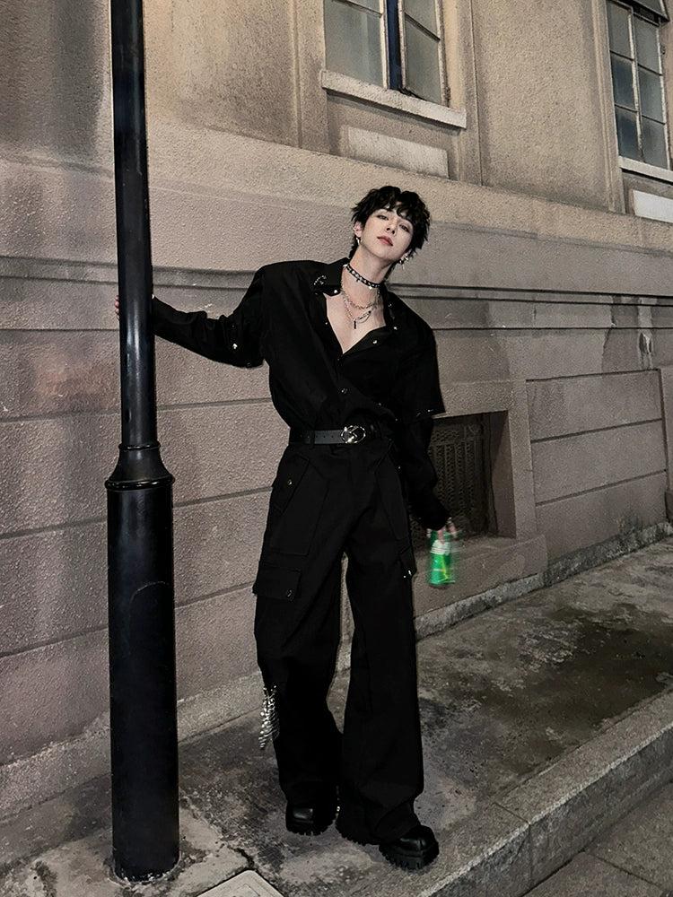Black Techwear Cargo Pants with Chain
