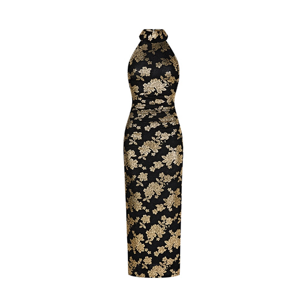 Modern Cheongsam With Gold Print Halter Evening Dress - chiclara