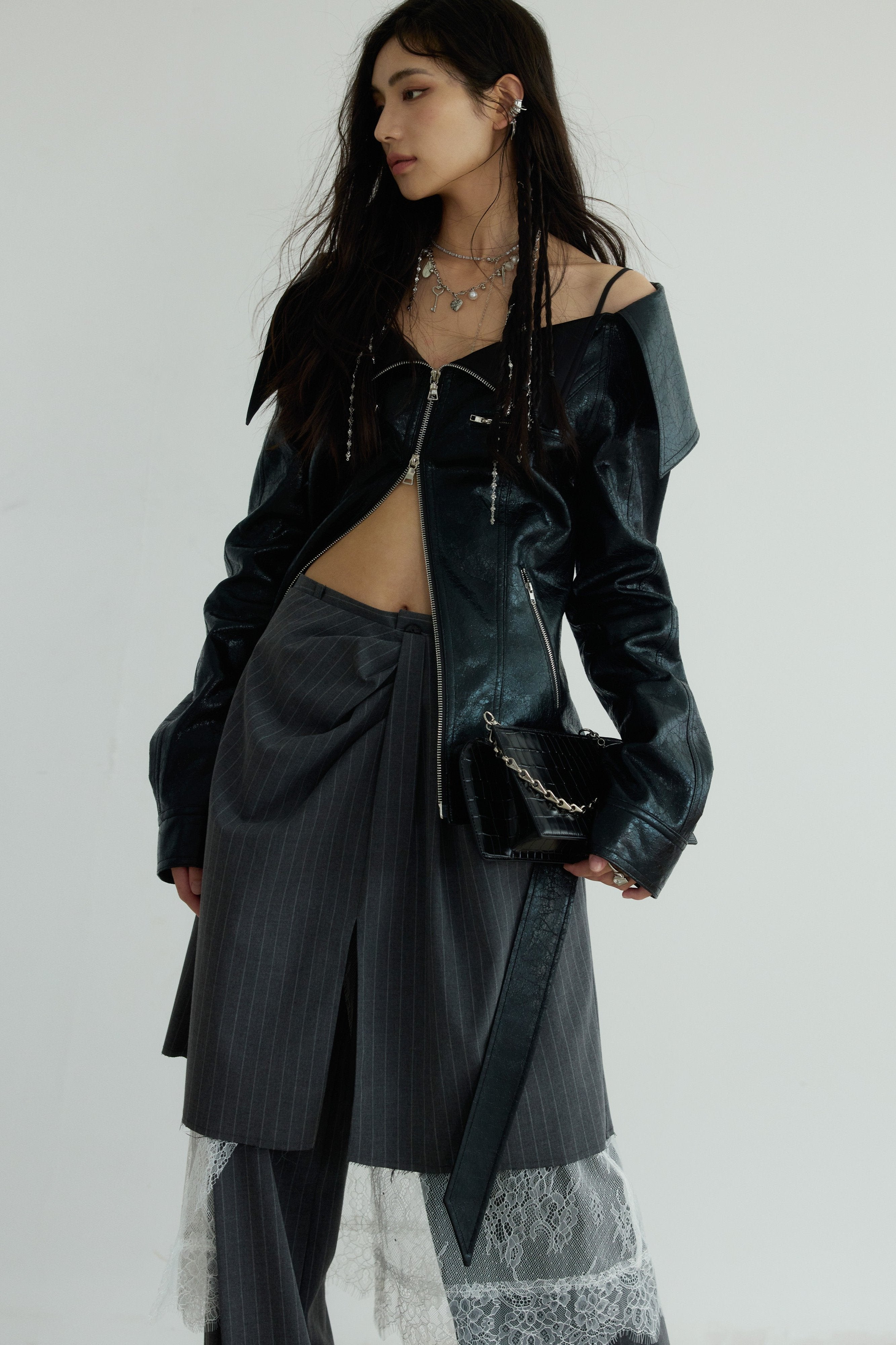 Raven Wing Off-Shoulder Leather Jacket