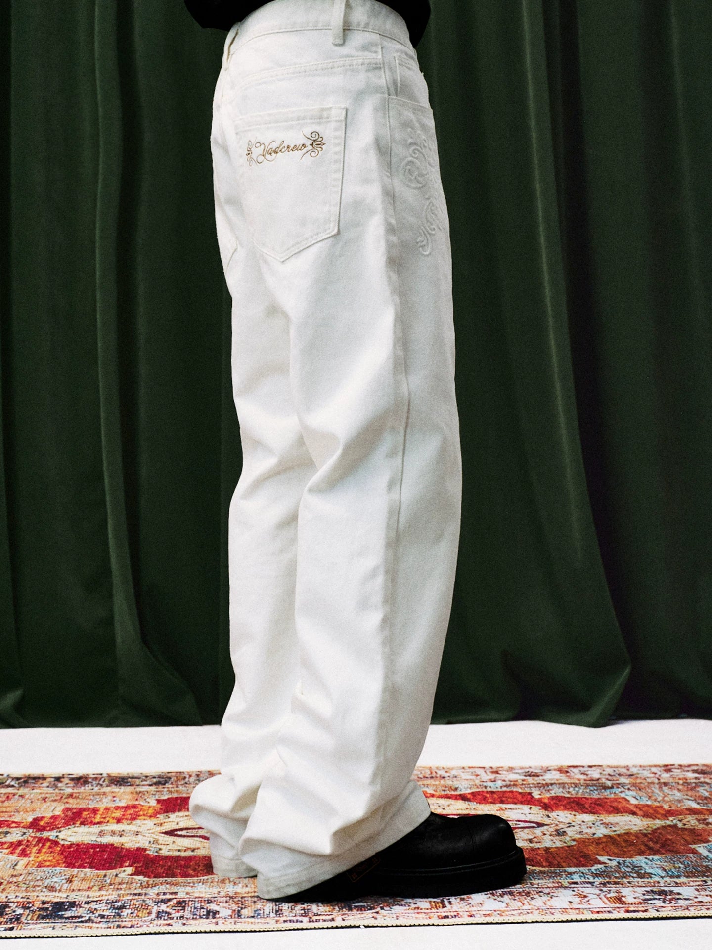 White Tonal Embroidered Wide Leg Jeans