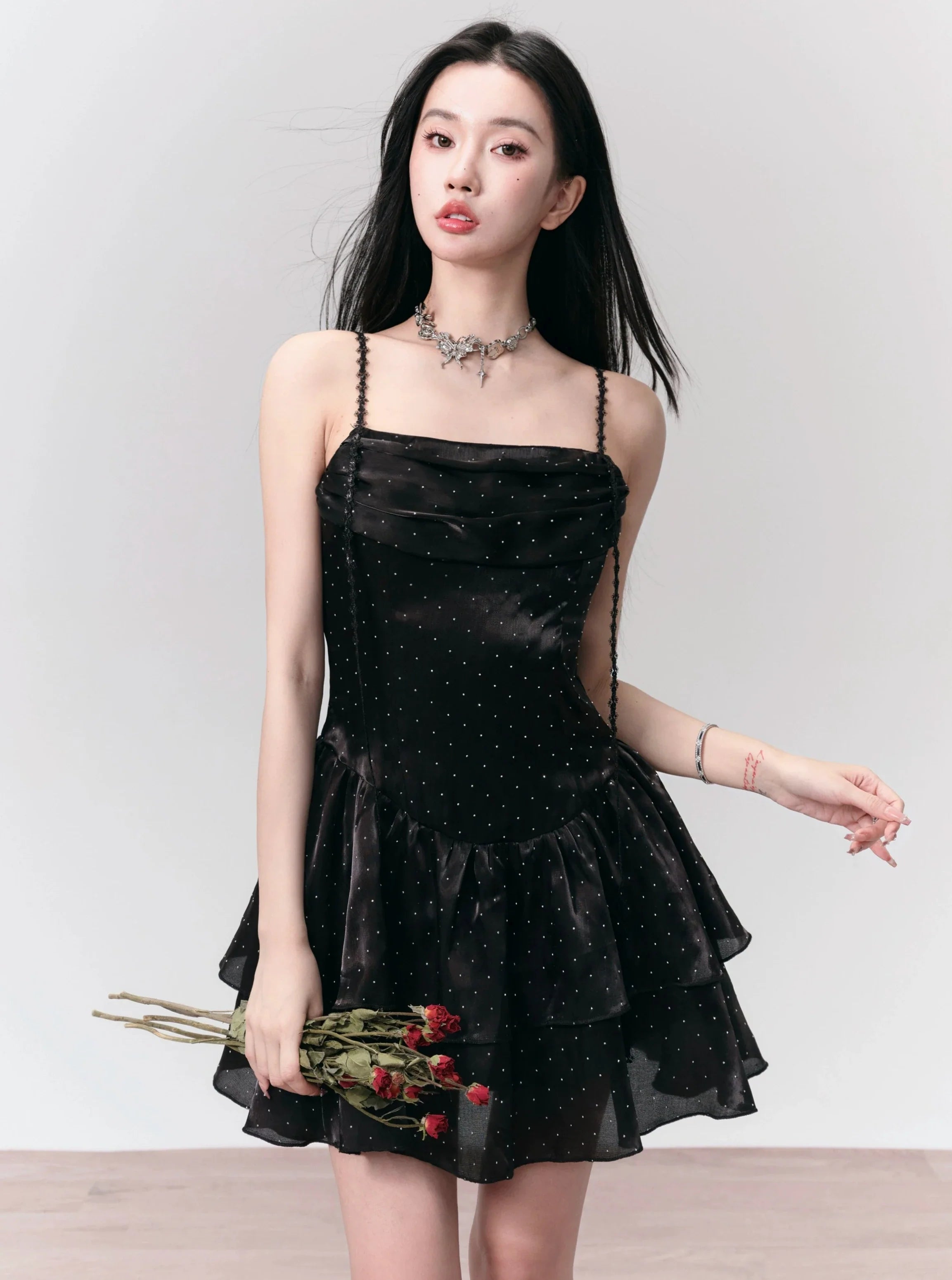 Black Velvet Spaghetti Strap Tiered Mini Dress