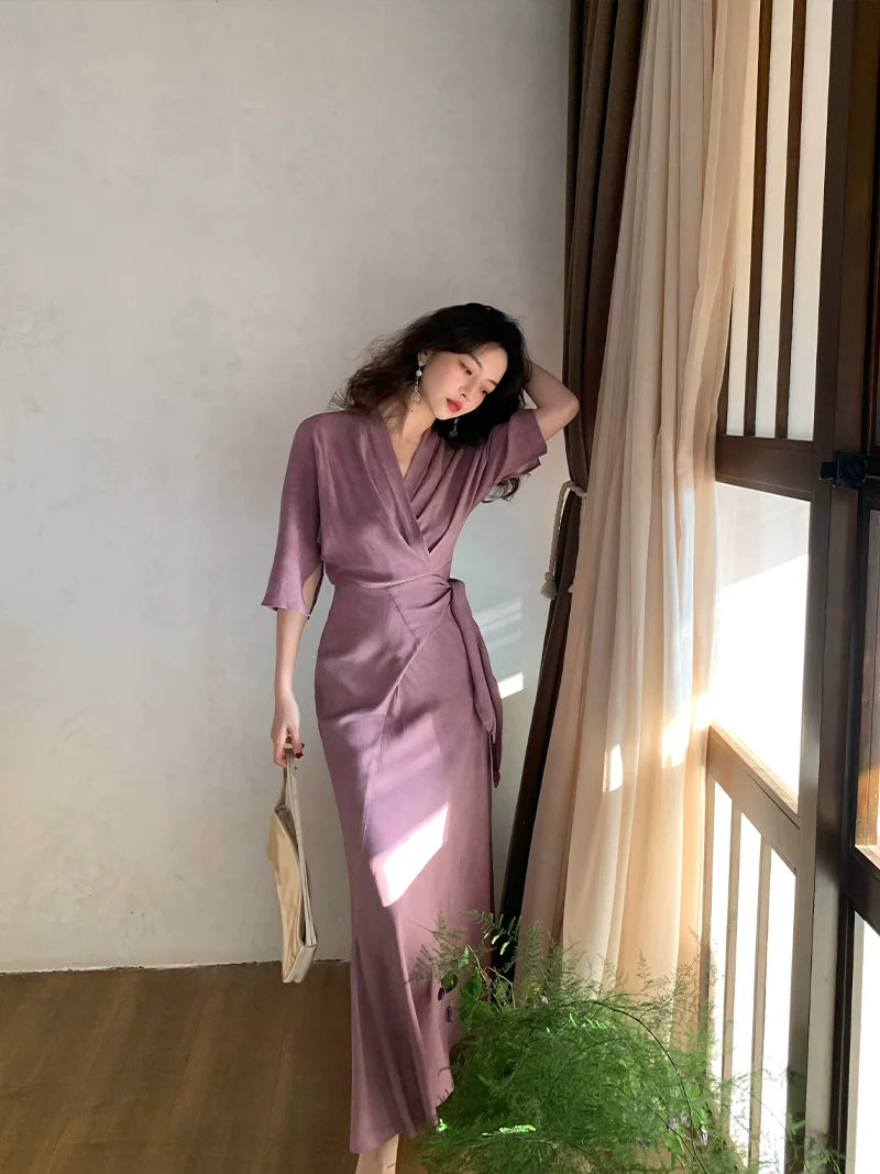 Wrap Maxi Dress with 3/4 Sleeves
