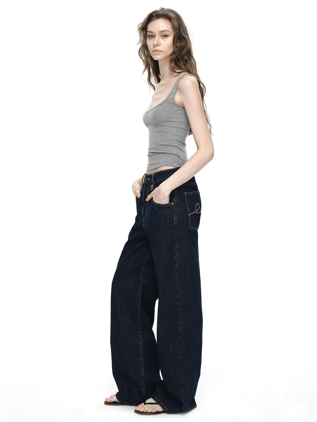 Dark Blue Raw Denim Wide-Leg Jeans