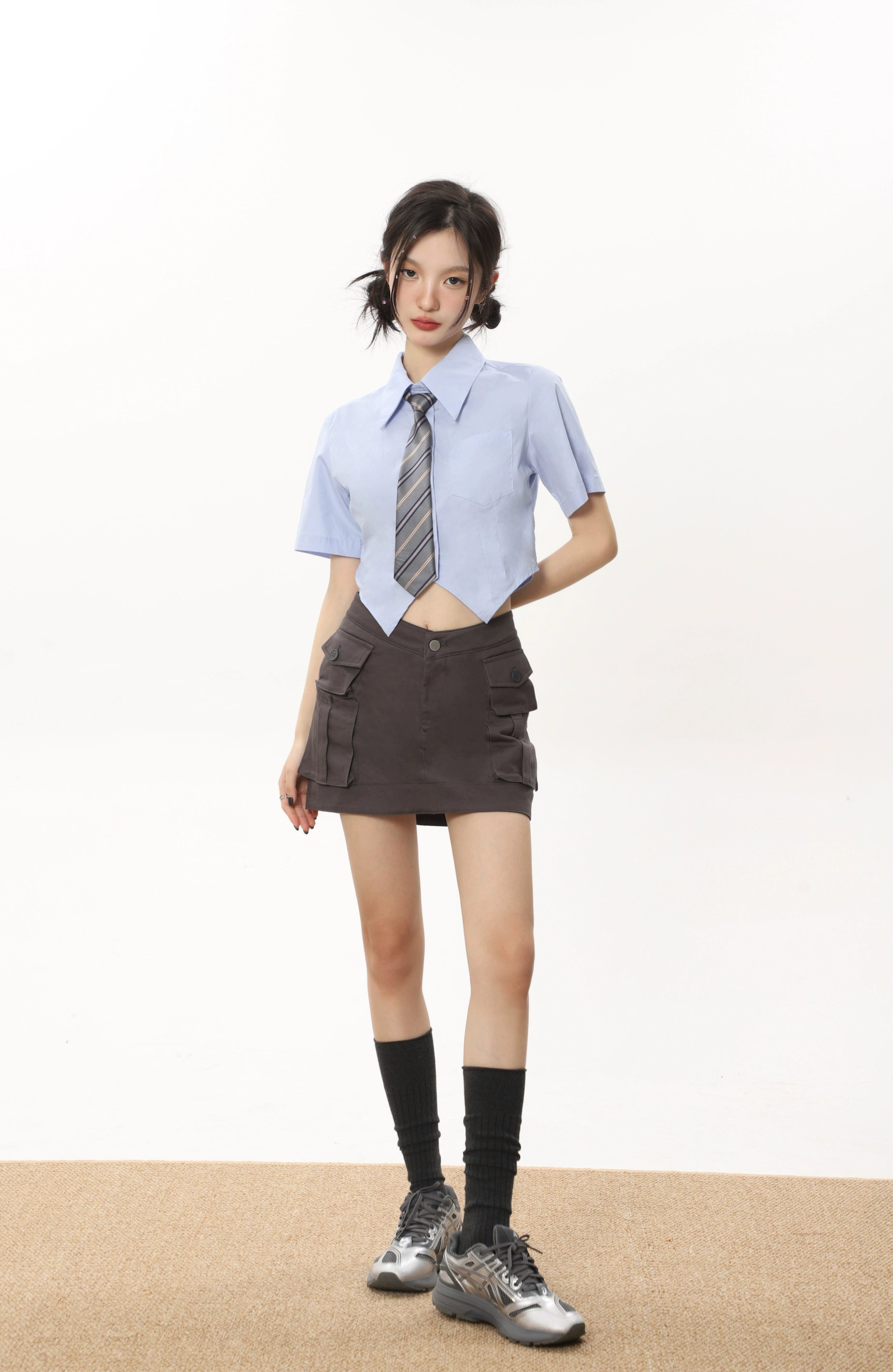 White Short-Sleeve Shirt with Tie JK Style