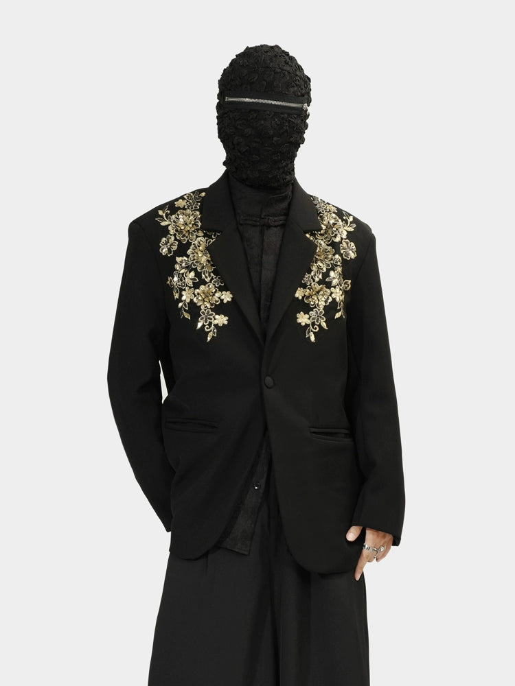 Black Blazer with Gold Floral Embroidery on Lapels
