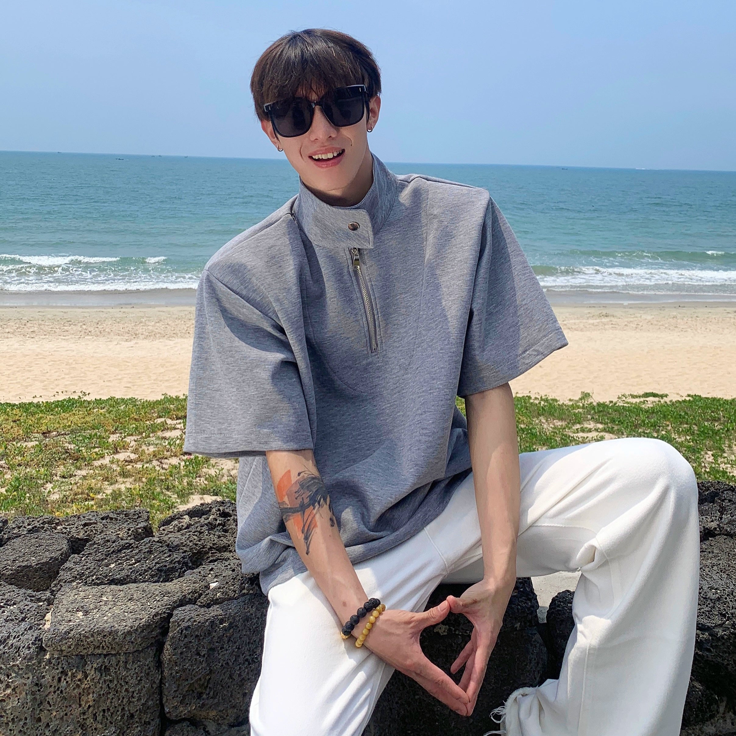 Gray Half-Zip Stand Collar Shirt
