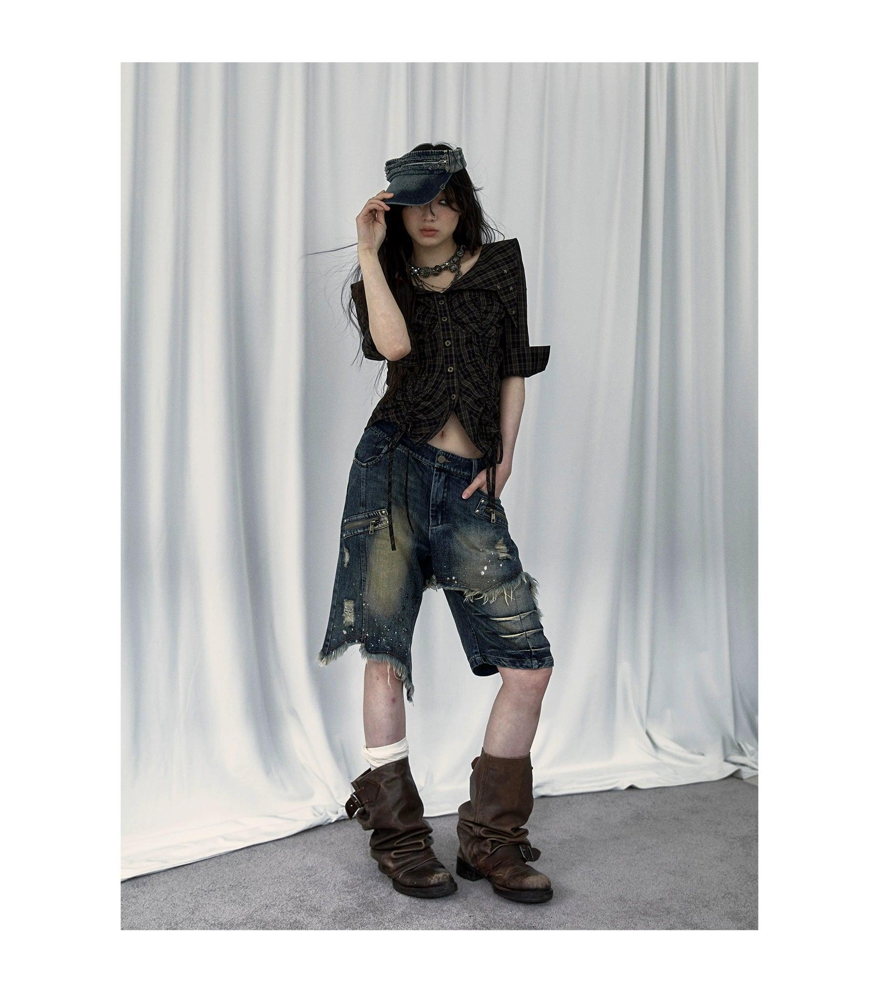 No Romance Asymmetrical Distressed Denim Shorts - Unisex Grunge Ripped Jean Capris With Paint Splatter