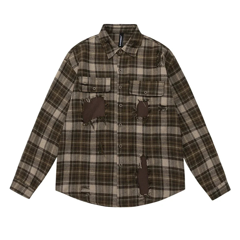 Oversized Distressed Plaid Flannel Shirt with Intentional Patches