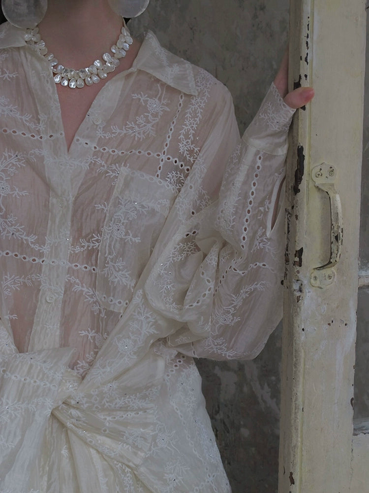 Sheer Lace Embroidered Shirt Dress