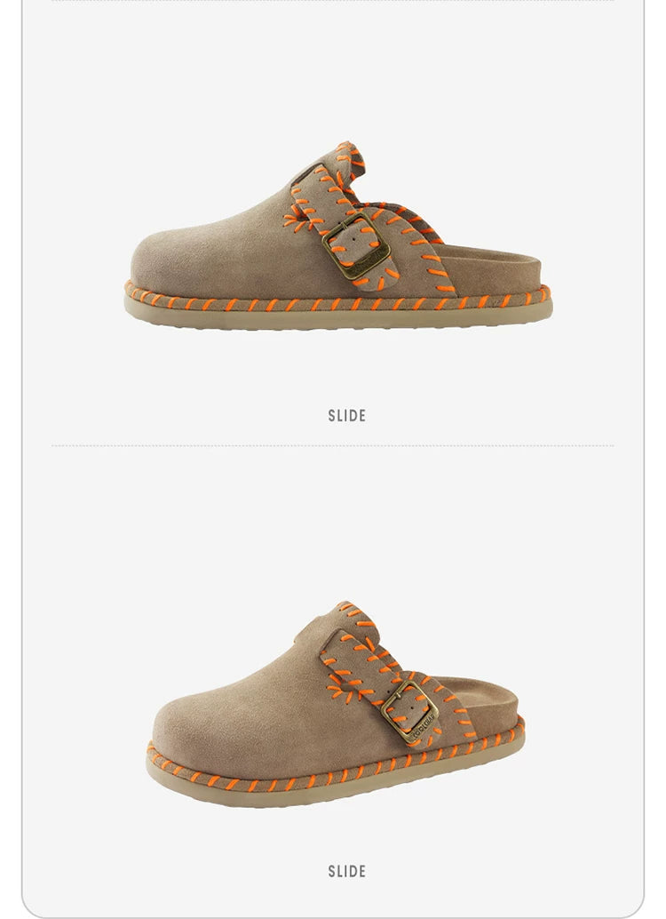 Whipstitch Buckle Suede Mule Clogs