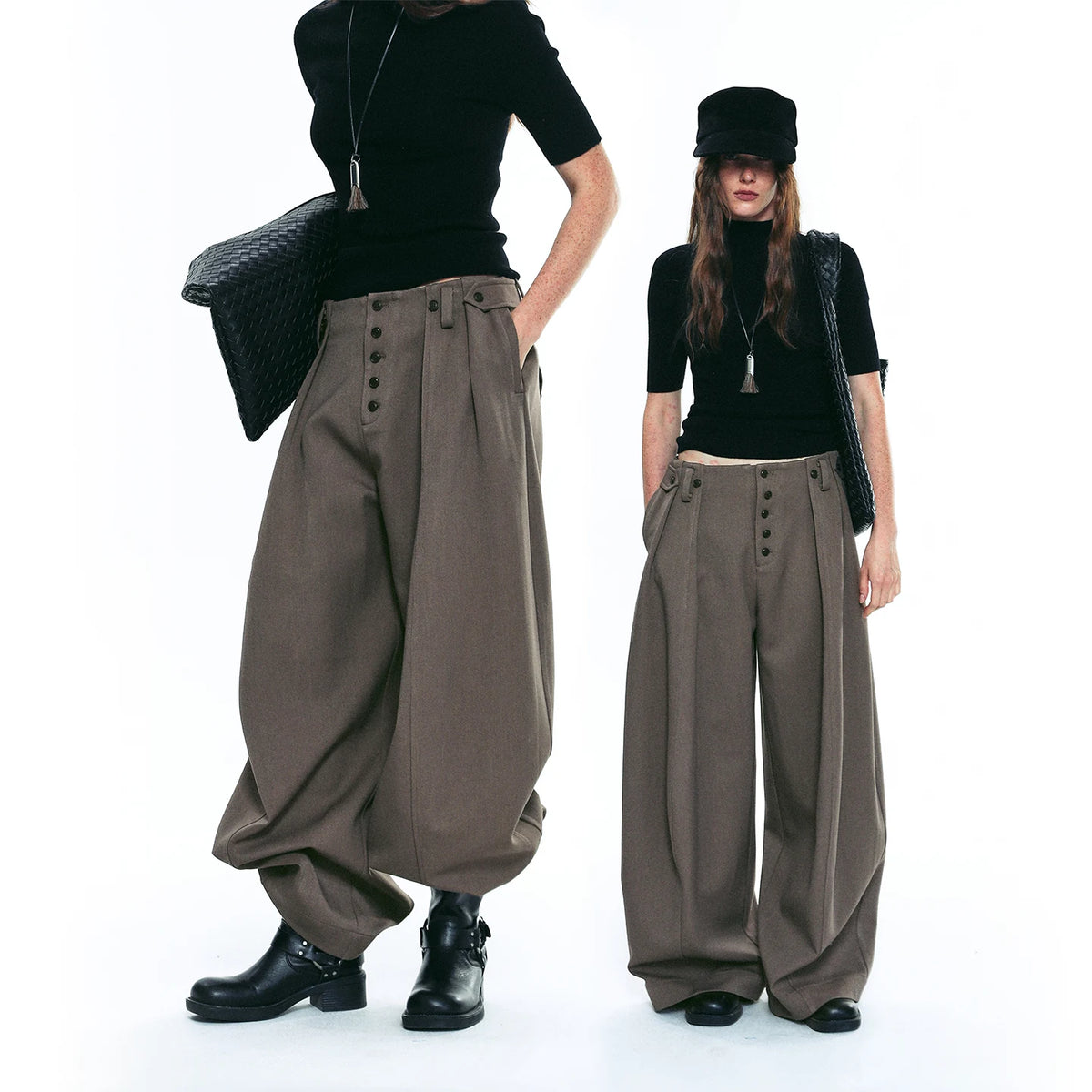 Exposed Button Pinstripe Wide Trousers