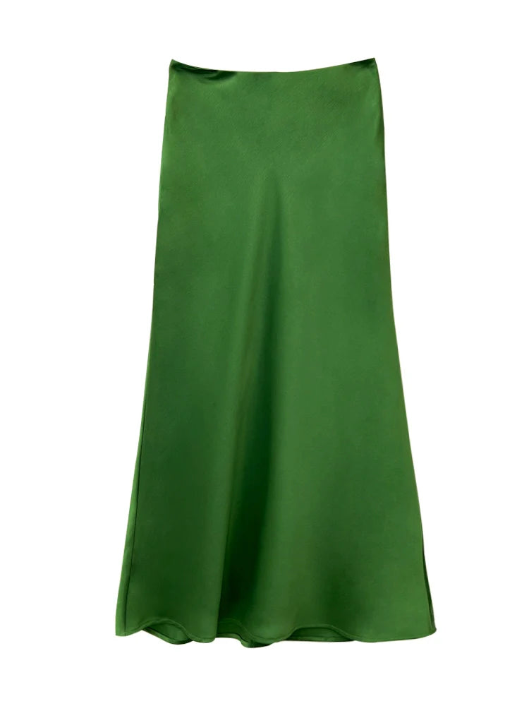 Elegant Green Satin A-Line Midi Skirt