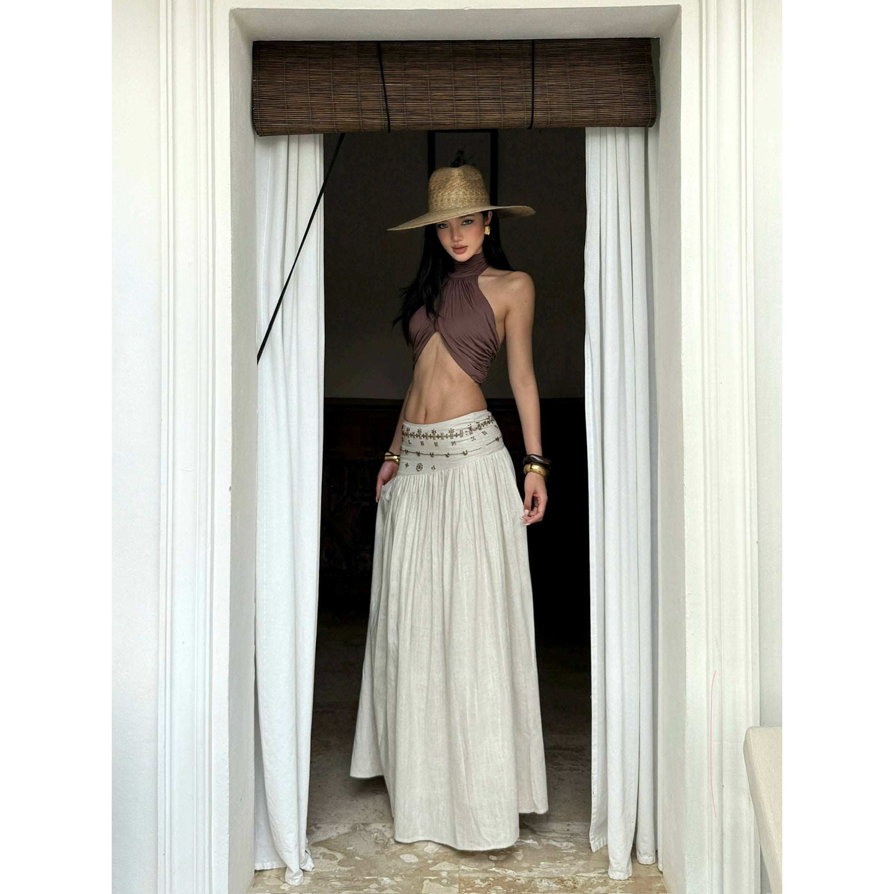 Beige Embroidered High Waist Midi Skirt
