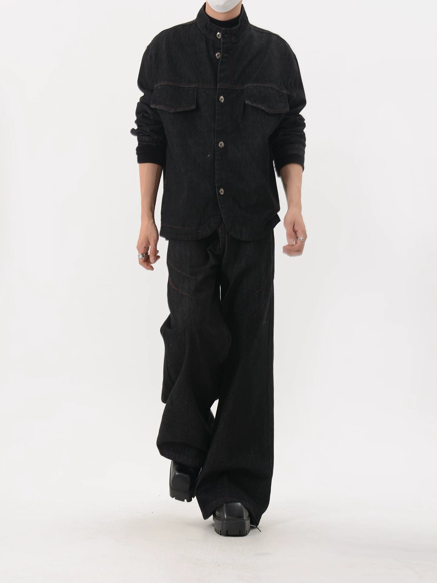 Stand-Collar Utility Pocket Denim Jacket
