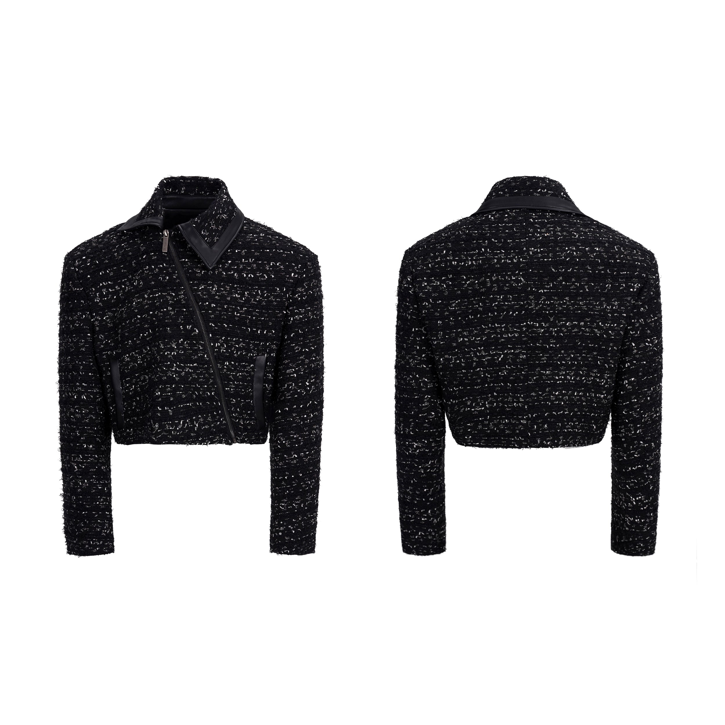 Cropped Black Tweed Jacket with Leather Collar and Asymmetric Zip