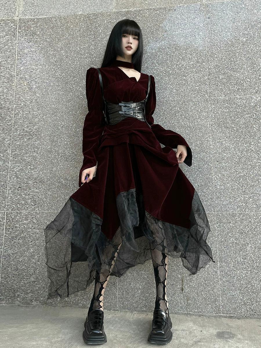 Ladyghost Gothic Victorian Maxi Dress - Women'S Burgundy Velvet And Black Mesh Layered Gown With Corset Belt