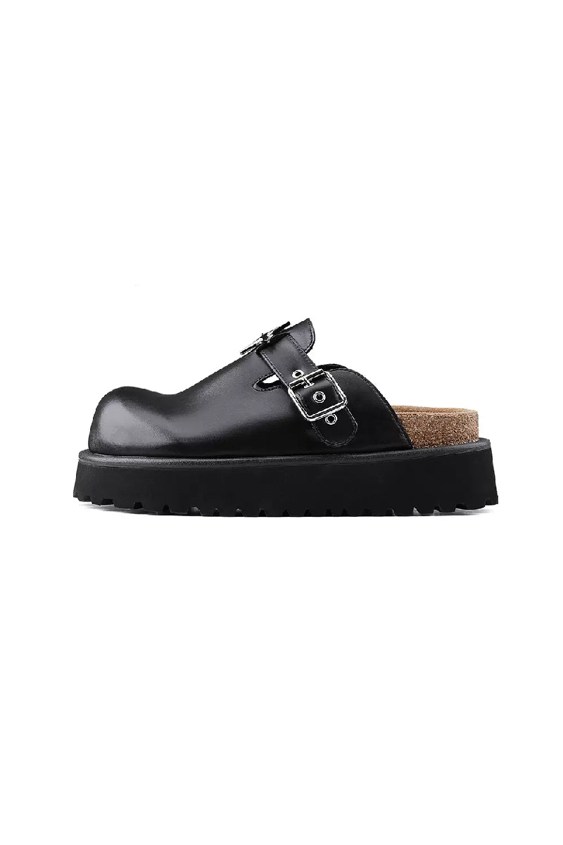 Black Leather Platform Clogs with Buckle Detail
