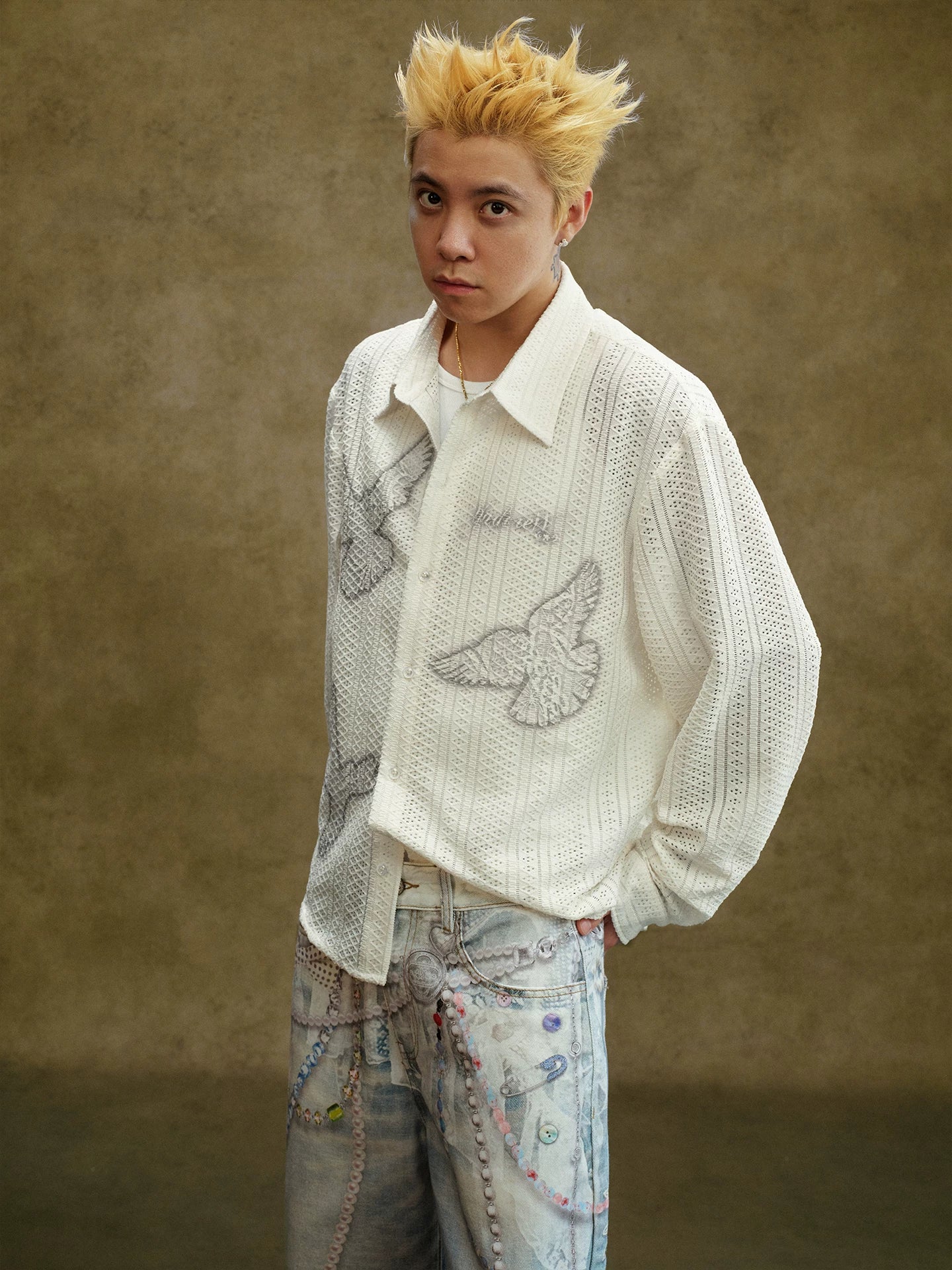 Ivory Embroidered Bird Lace Long Sleeve Shirt