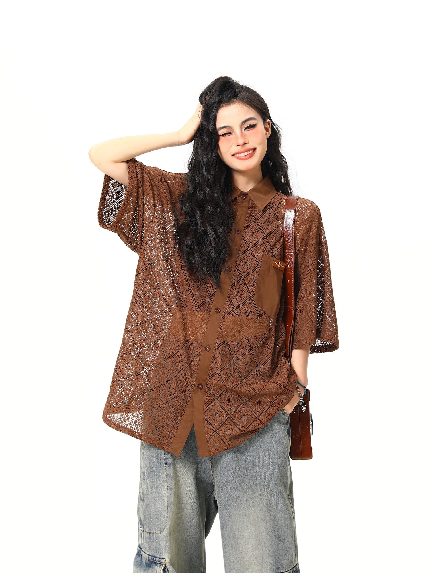 Sheer Geometric Lace Button-Up Shirt