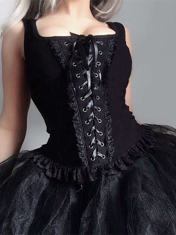 Wannathis Gothic Lace-Up Crop Top - Black Sleeveless Corset Tank With Lace Trim