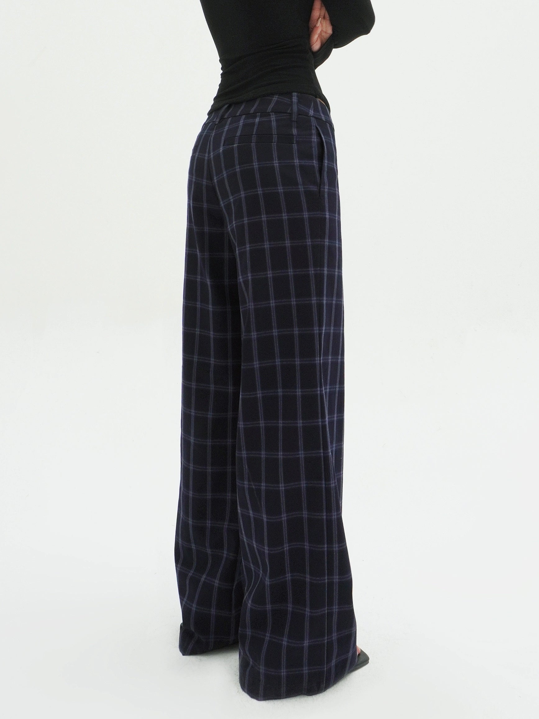 Low-Waist Blue Plaid Loose Casual Pants