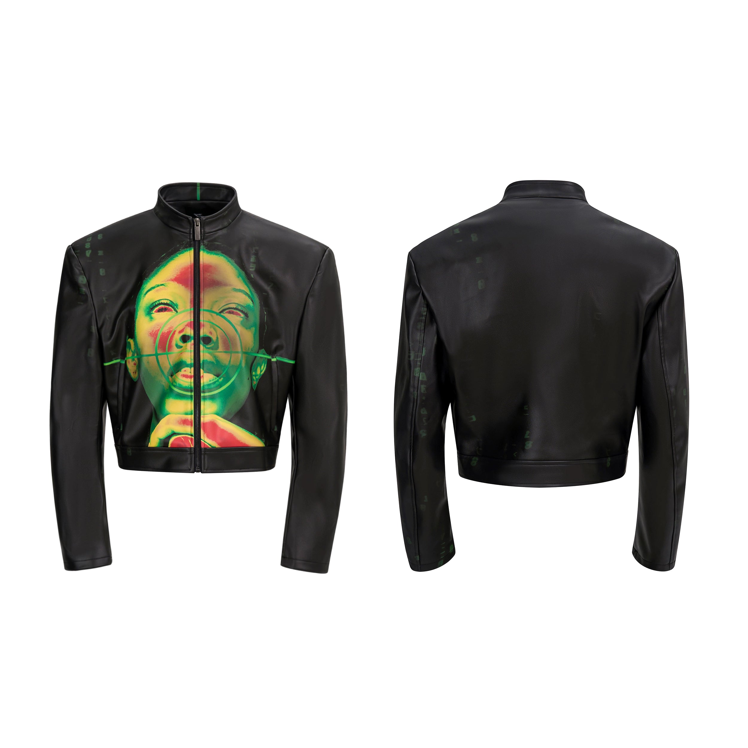 Faux Leather Jacket with Face Graphic