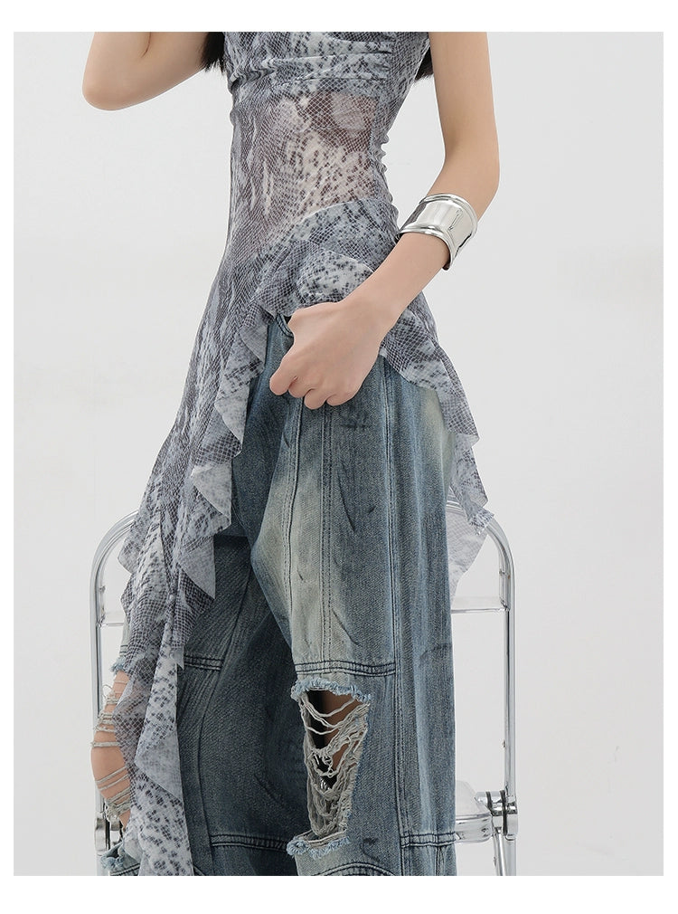 Vintage Distressed And Dirt-Dyed Patchwork Wide-Leg Jeans - chiclara