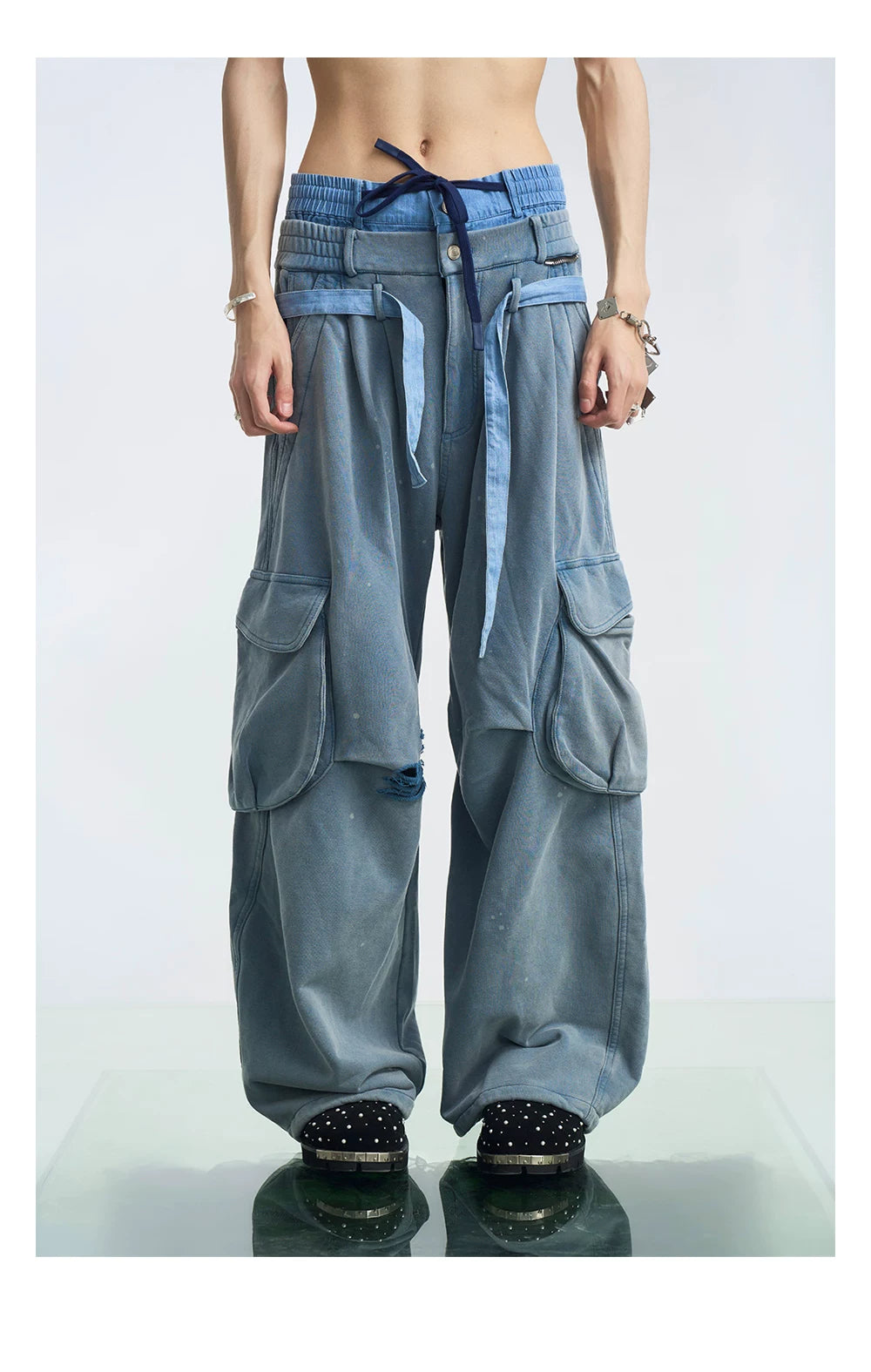 Layered Waist Cargo Wide Leg Pants