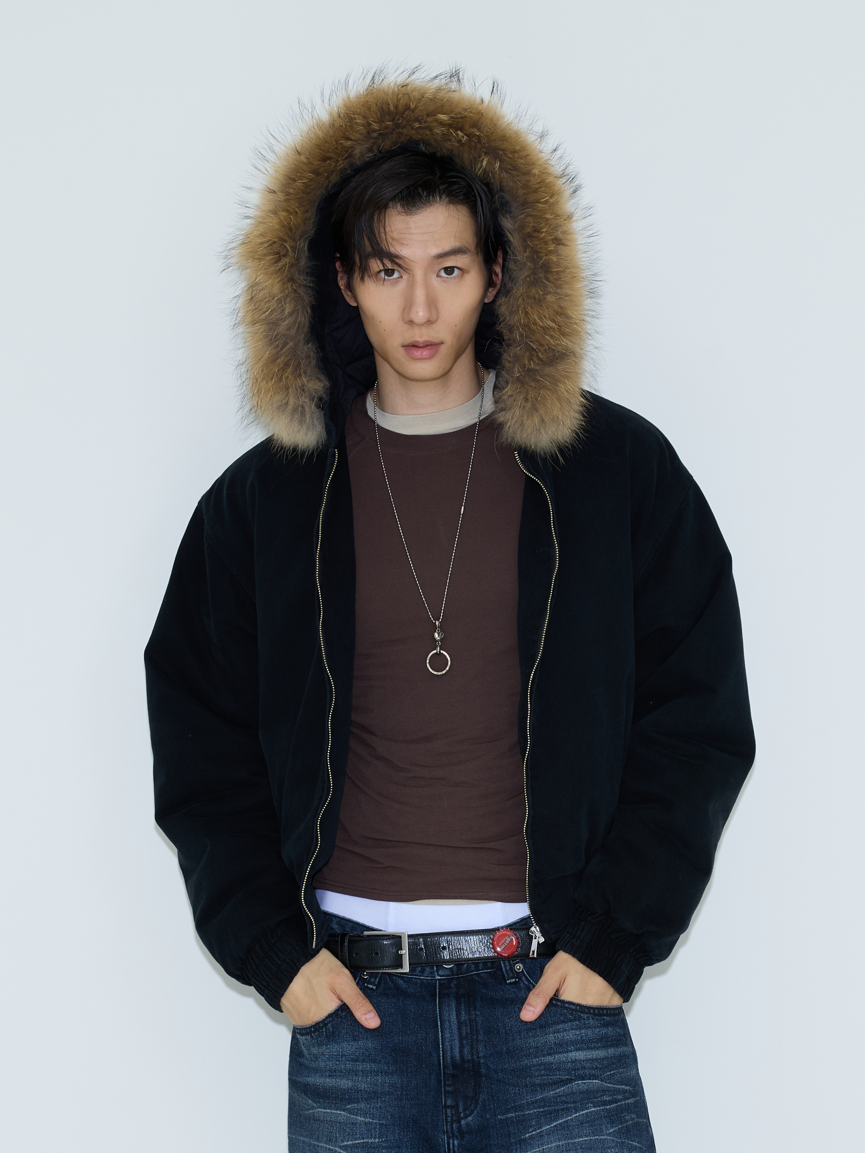 Midnight Tundra Faux‑Fur Hood Bomber