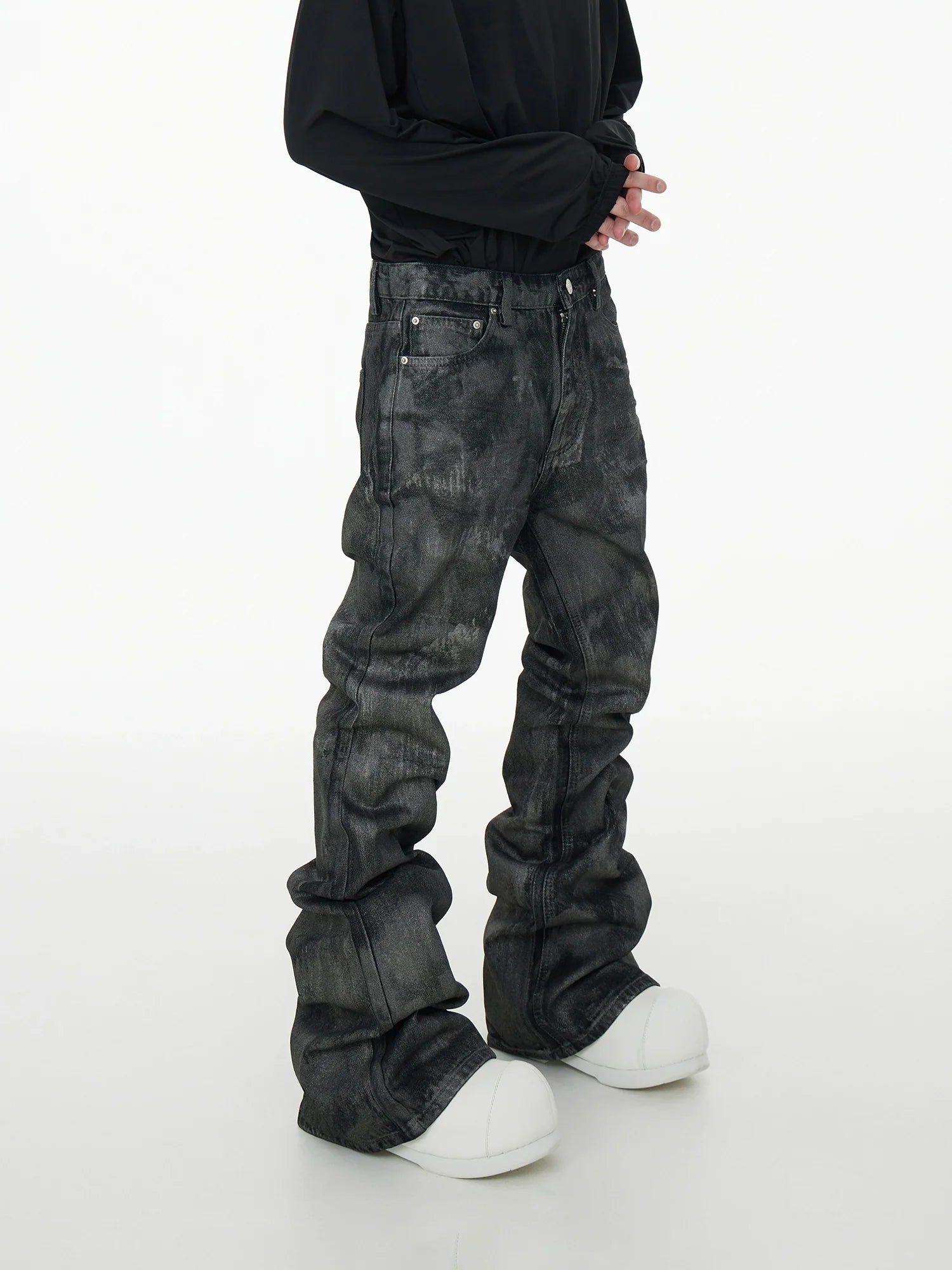 Glitter Coated Acid Wash Black Stacked Jeans