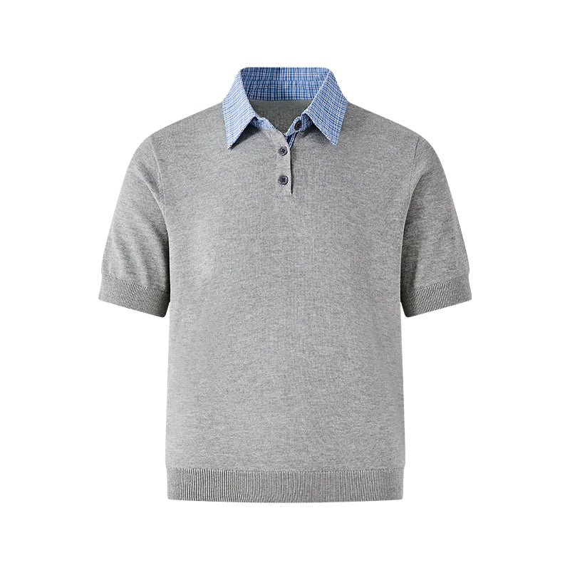 Contrast Plaid Collar Knit Polo Shirt