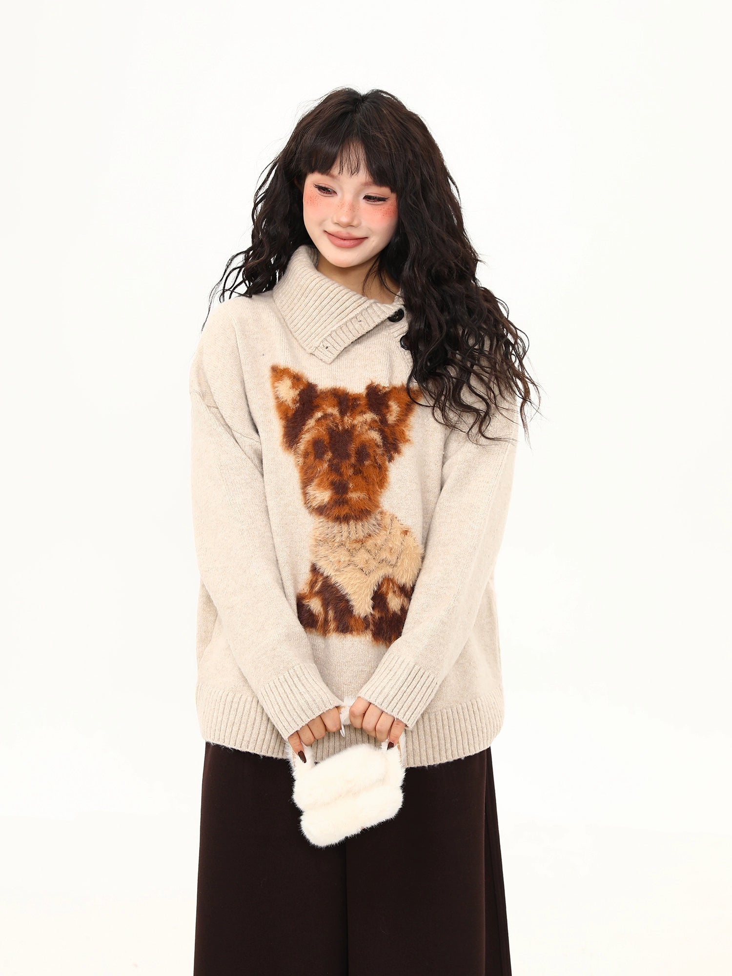 Cozy Terrier Shawl-Collar Knit Sweater